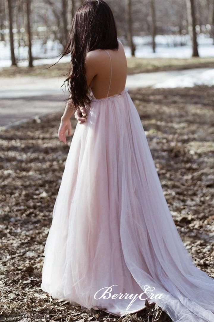 Spaghetti Pink Tulle Prom Dresses, Appliques Prom Dresses, Romantic Long Prom Dresses, Cheap Prom Dresses