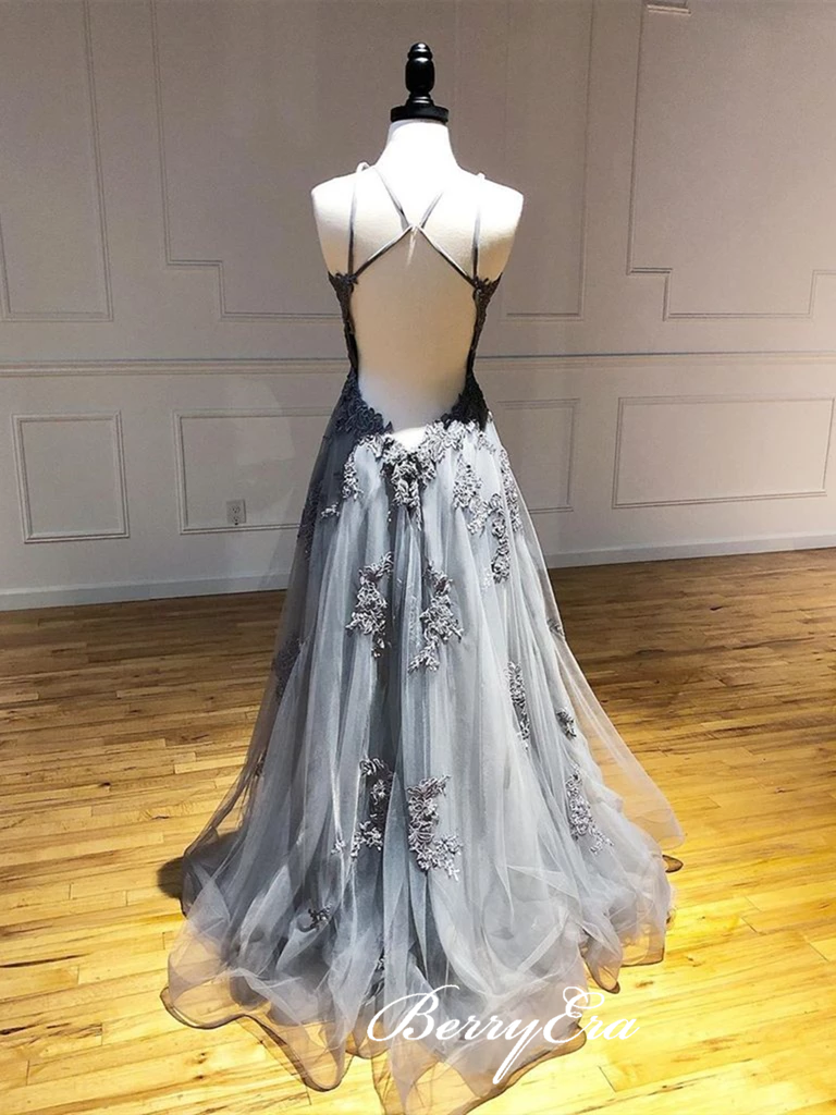 Grey Lace Appliques Long Prom Dresses, Tulle Prom Dresses, Popular Prom Dresses