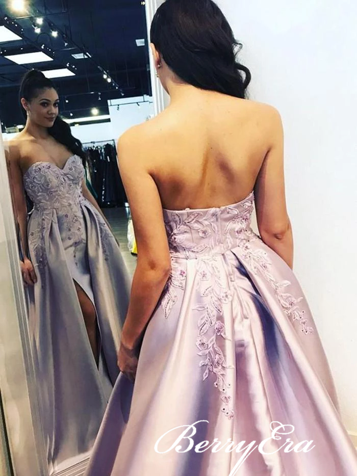 Sweetheart  Long Prom Dresses, Side Slit Prom Dresses, Long Pink Prom Dresses, Lace Beaded Prom Dresses