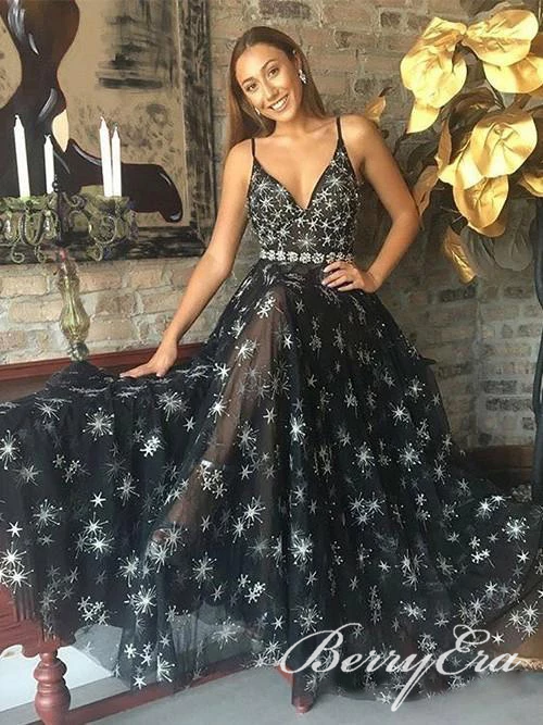 V-neck Long A-line Black Firework Chiffon Prom Dresses, Chic Prom Dresses, Long Prom Dresses