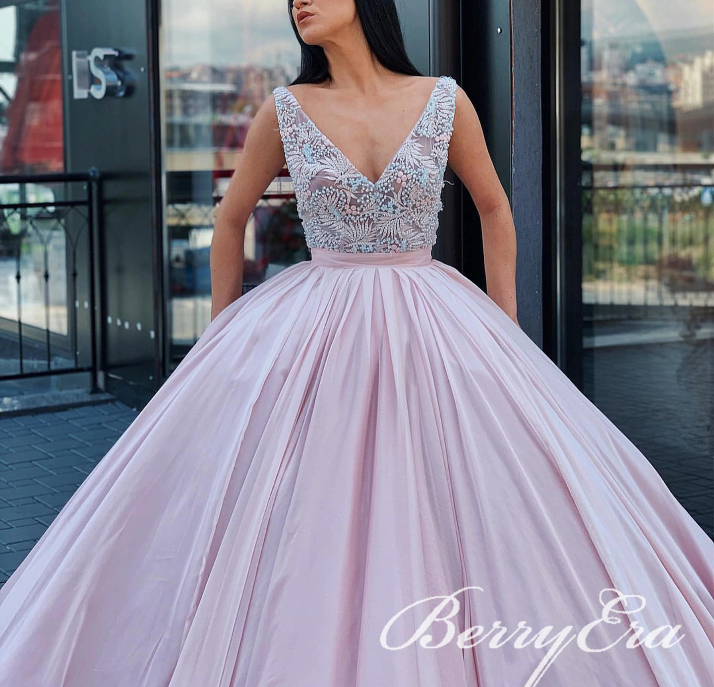 V-neck Long A-line Pink Prom Dresses, Beaded Long Prom Dresses, Ball Gown Prom Dresses