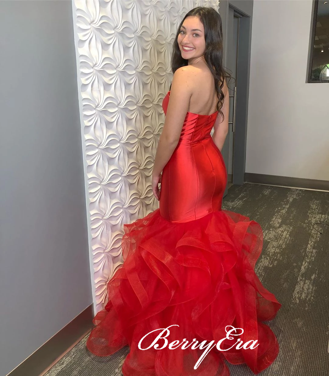 Sweetheart Long Mermaid Red Satin Tulle Prom Dresses, Sweetheart Long Prom Dresses, 2020 Prom Dresses