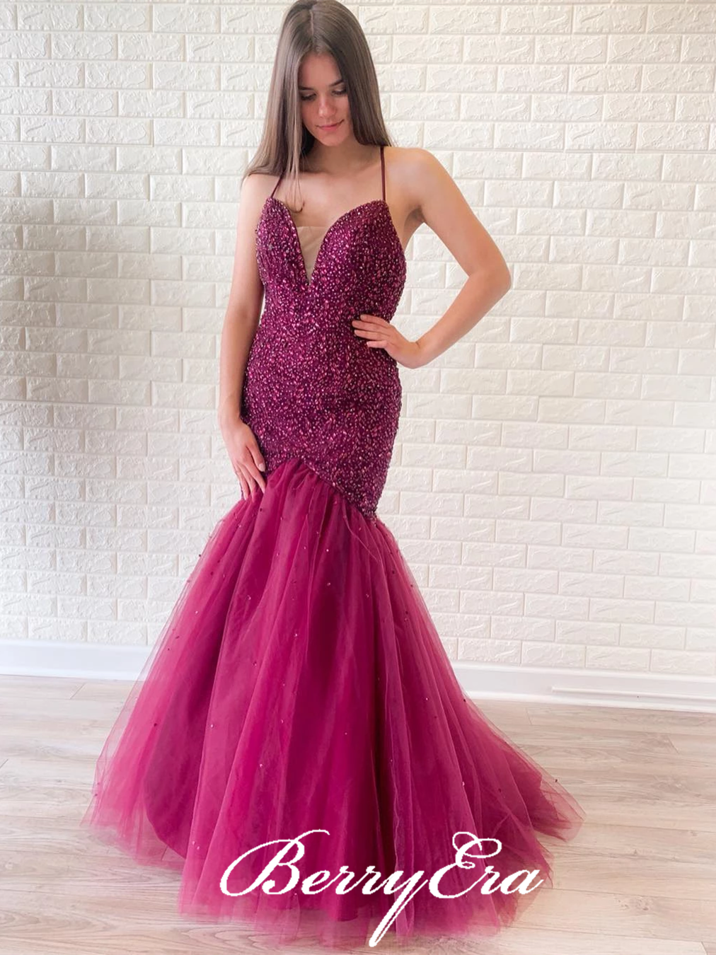 Luxury Beaded Long Mermaid Grape Tulle Prom Dresses, Mermaid Prom Dresses, Long Prom Dresses