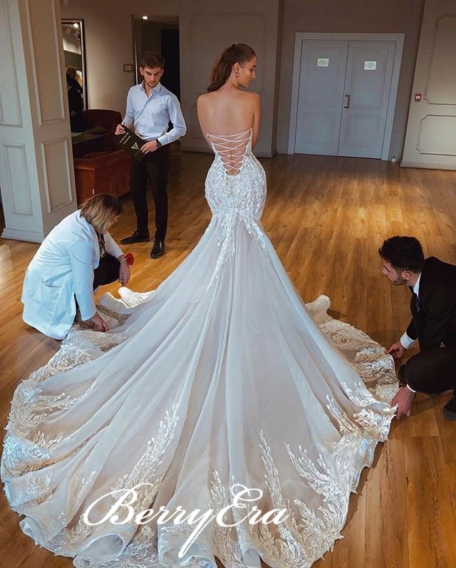 Strapless Gorgeous Lace Mermaid Wedding Dresses, Sexy Mermaid Lace Up Wedding Gown, Long Wedding Dresses