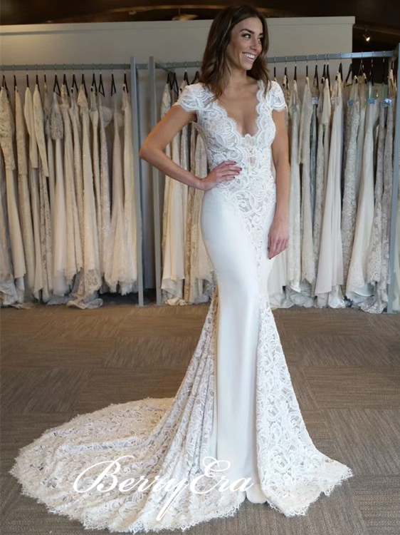 Cap Sleeves Lace Mermaid Wedding Dresses, Ivory Jersey Lace Wedding Dresses, Bridal Gown