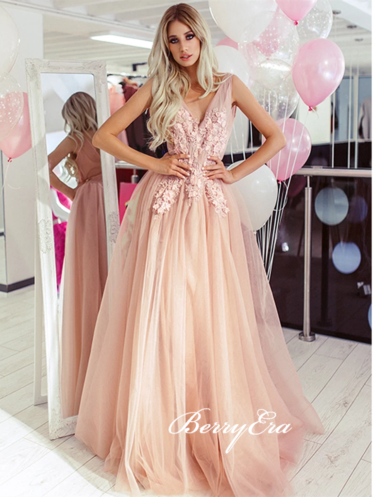 V-neck Long A-line Blush Tulle Lace Prom Dresses, Long Prom Dresses, 2020 Prom Dresses, Lace Prom Dresses