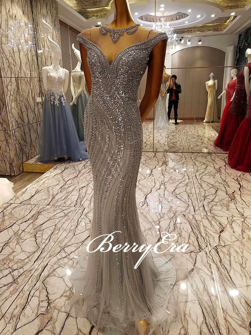 Luxury Silver Beaded Long Mermaid Sparkle 2020 Prom Dresses, New Arival Prom Dresses