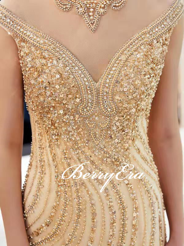 Luxury Champagne Gold Beaded Long Mermaid Sparkle 2020 Prom Dresses, New Arival Prom Dresses