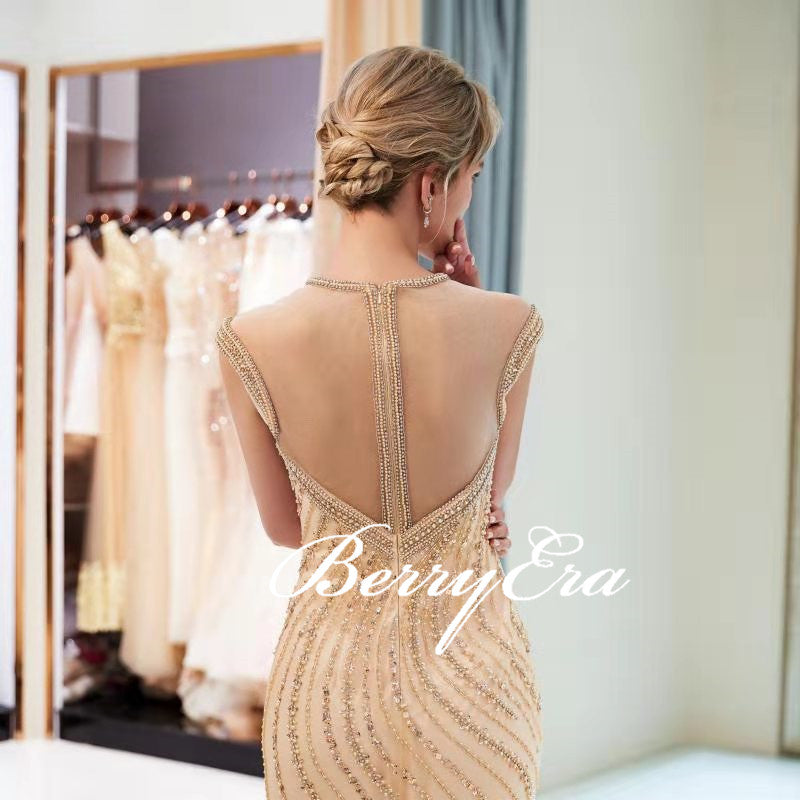 Luxury Champagne Gold Beaded Long Mermaid Sparkle 2020 Prom Dresses, New Arival Prom Dresses