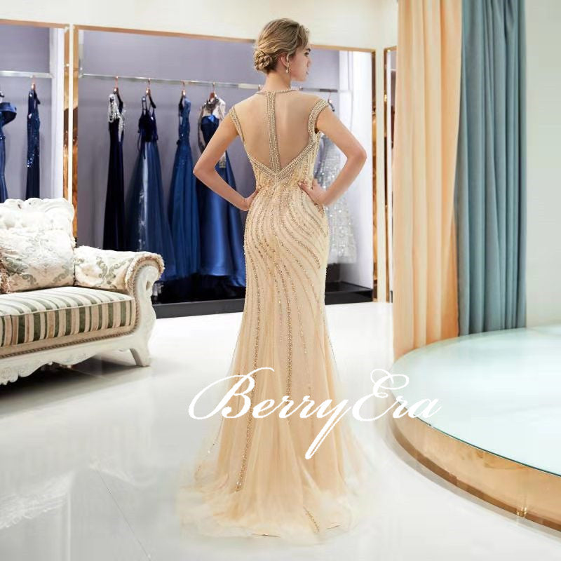 Luxury Champagne Gold Beaded Long Mermaid Sparkle 2020 Prom Dresses, New Arival Prom Dresses