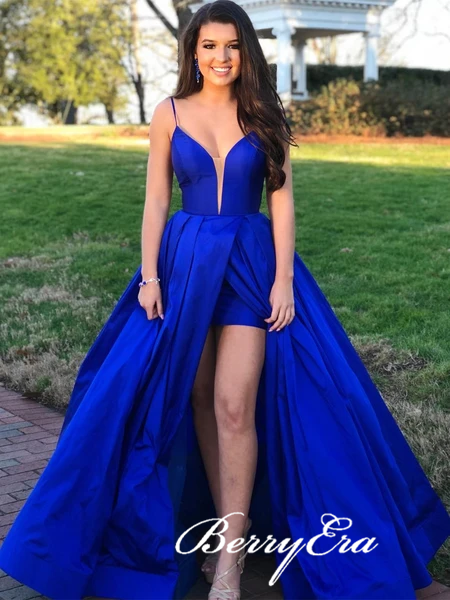 Spaghetti Long A-line Royal Blue Satin Prom Dresses, A-line Prom Dresses, 2020 Prom Dresses