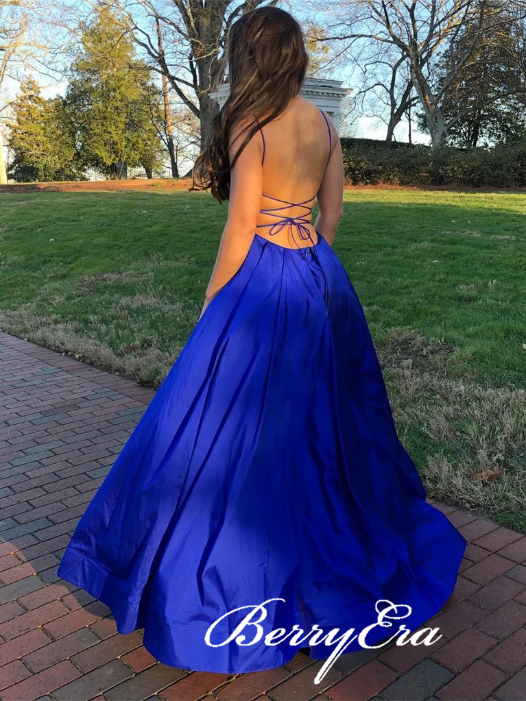 Spaghetti Long A-line Royal Blue Satin Prom Dresses, A-line Prom Dresses, 2020 Prom Dresses