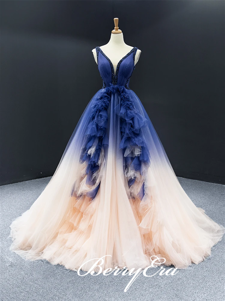 V-neck Long A-line Gradient Royal Blue Tulle Prom Dresses, Beaded Prom Dresses, 2020 Prom Dresses