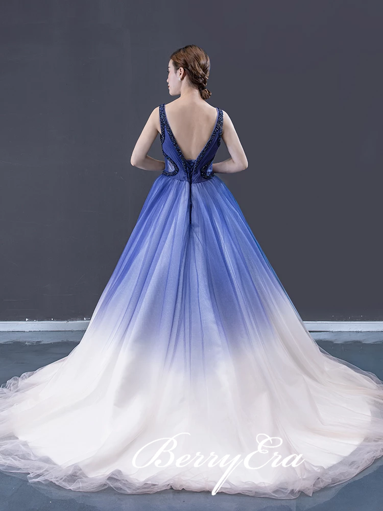 V-neck Long A-line Gradient Royal Blue Tulle Prom Dresses, Beaded Prom Dresses, 2020 Prom Dresses