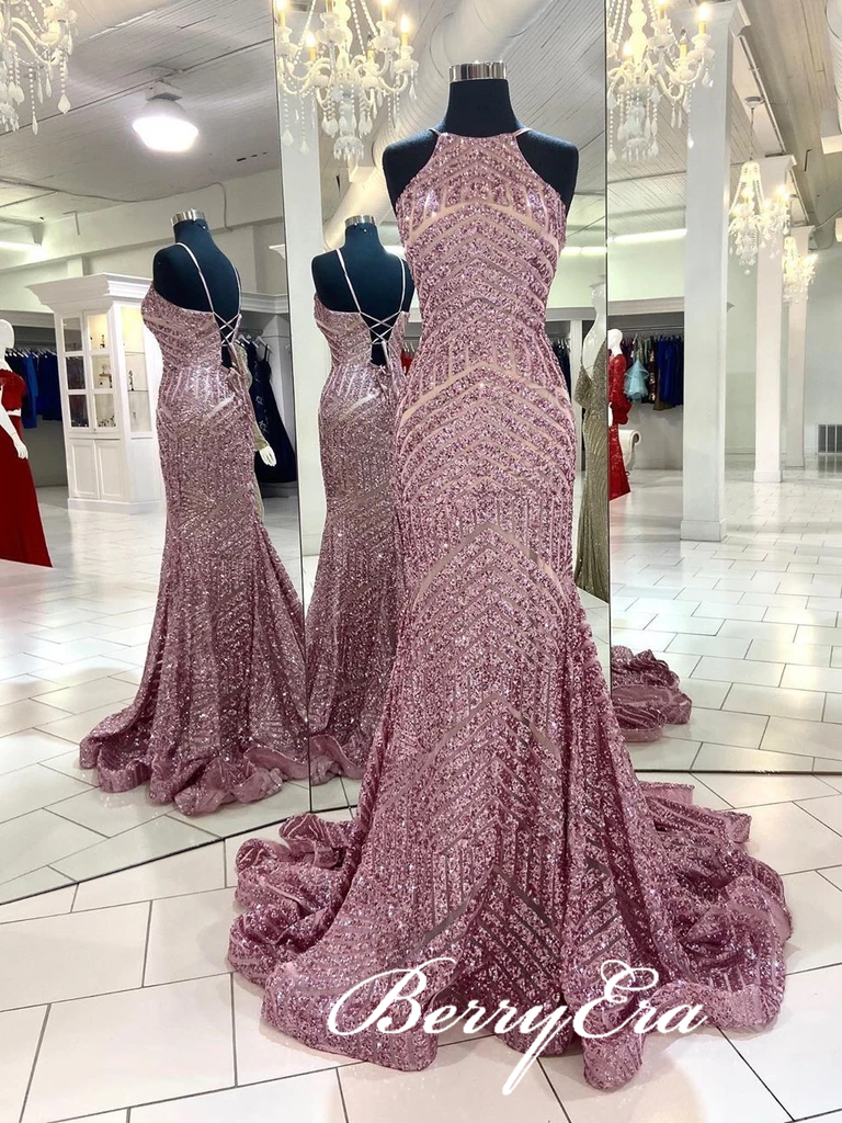 Lovely Rose Gold Sequin Long Mermaid Prom Dresses, Lace Up Prom Dresses, Long Prom Dresses