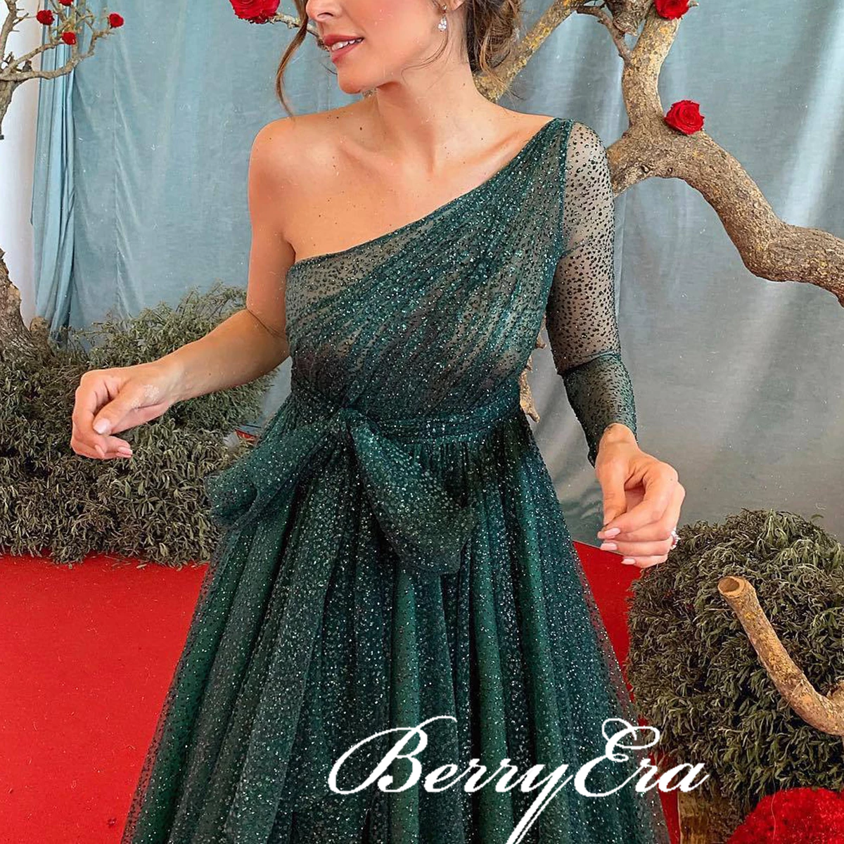 One Shoulder Long A-line Emerald Green Sequin Tulle Prom Dresses, Newest 2020 Prom Dresses