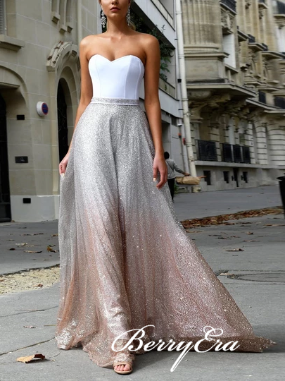 Sweetheart Long A-line Gradient Sequin Prom Dresses, Silver-Champagne Gold Prom Dresses, 2020 Prom Dresses