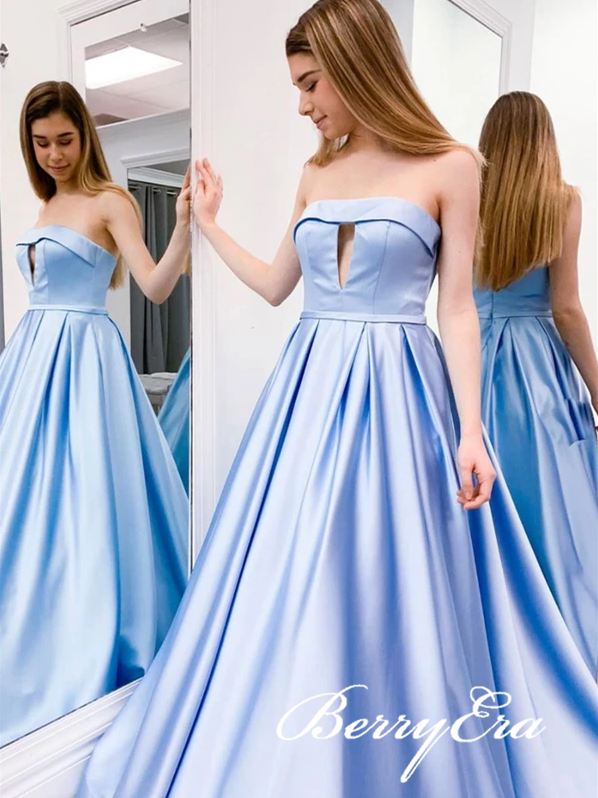 Strapless Long A-line Light Blue Satin Prom Dresses, Long Prom Dresses, 2020 Prom Dresses