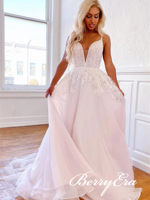 V-neck Long A-line Lace Prom Dresse, Pale Pink Prom Dresses, 2020 Prom Dresses