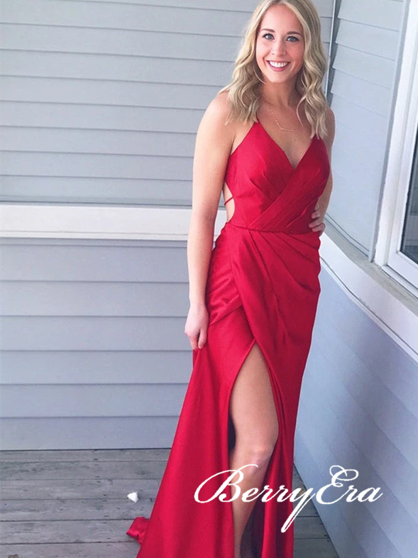 V-neck Long Mermaid Side Slit Red Prom Dresses, Long Prom Dresses, Simple Prom Dresses