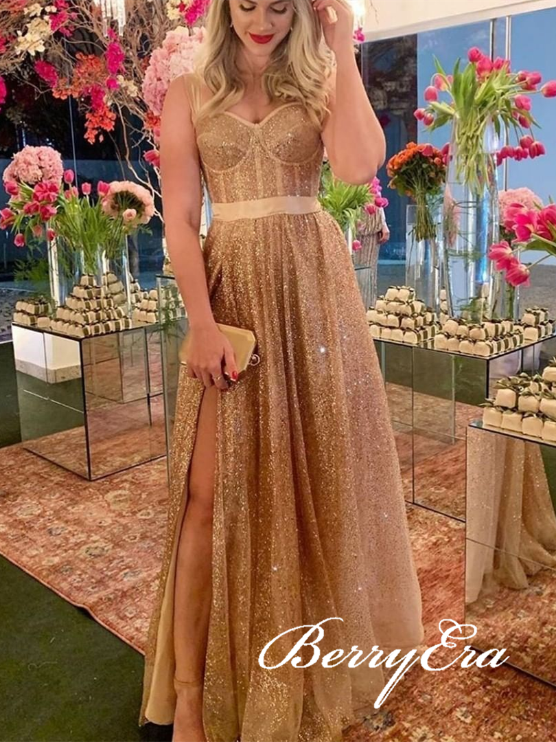 Spaghetti Long A-line Champagne Gold Sparkle Prom Dresses, Slit Prom Dresses