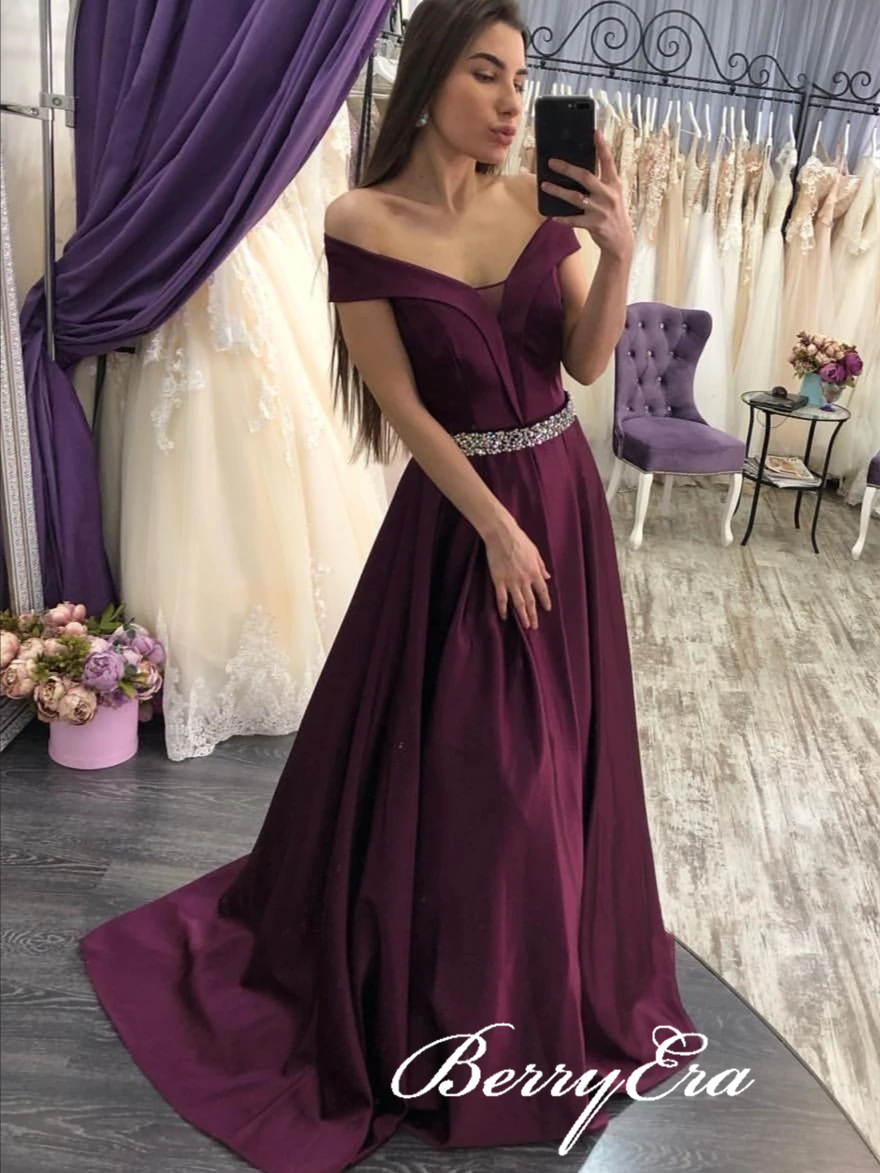 Off Shoulder Long A-line Satin Prom Dresses, Beaded Waist Prom Dresses, Elegant Prom Dresses