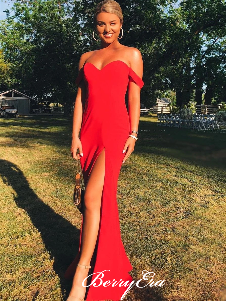 Off Shoulder Long Mermaid High Side Slit Red Prom Dresses, Jersey Prom Dresses, Simple Long Prom Dresses