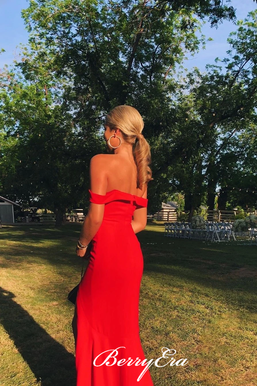 Off Shoulder Long Mermaid High Side Slit Red Prom Dresses, Jersey Prom Dresses, Simple Long Prom Dresses