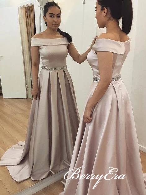 Off Shoulder Long A-line Satin Beaded Prom Dresses, Elegant Prom Dresses, Long Prom Dresses