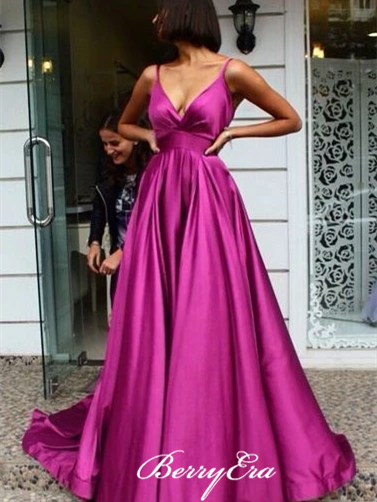 Deep V-neck Long A-line Satin Prom Dresses, High Waist Prom Dresses, Long Prom Dresses