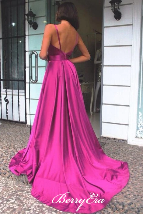 Deep V-neck Long A-line Satin Prom Dresses, High Waist Prom Dresses, Long Prom Dresses