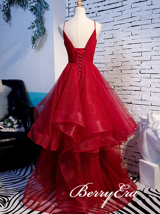 Red Sequin Tulle Long Prom Dresses, 2020 Prom Dresses, Shemmering Prom Dresses