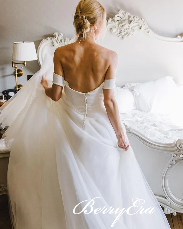 Off Shoulder Satin Top Tulle Wedding Dresses, Romantic Long Wedding Dresses, Bridal Gown