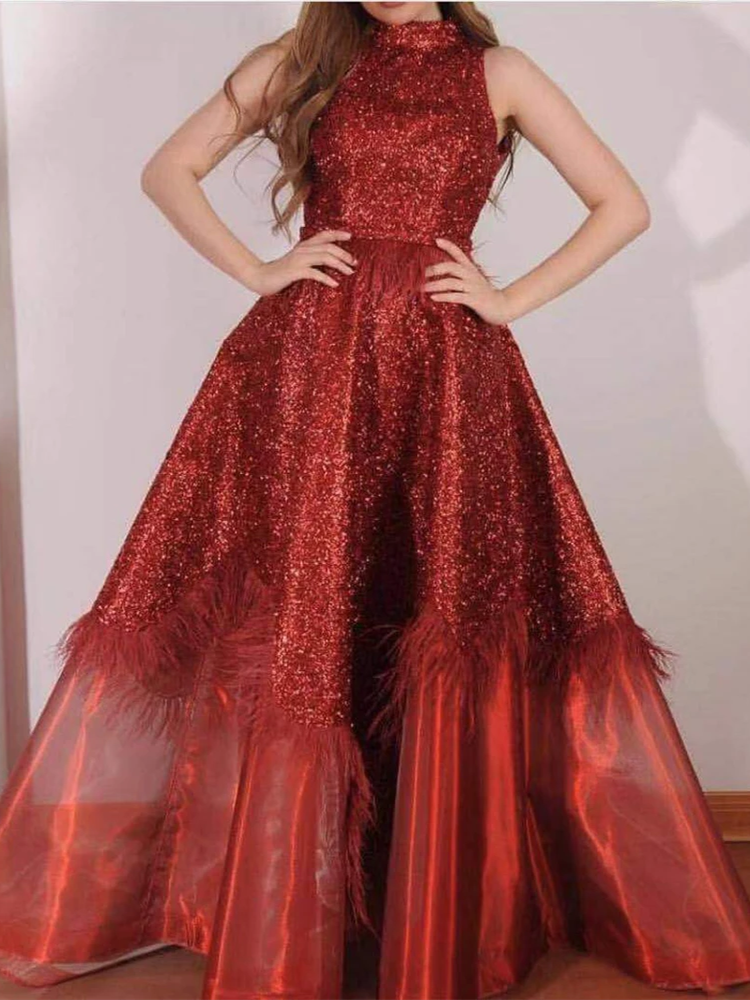 High Neck Red Sequin Organza Prom Dresses With Feathers, Long Prom Dresses, Popular Prom Dresses