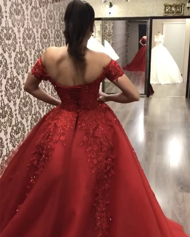 Red Off Shoulder Red Lace Tulle Prom Dresses, Appliques Beaded Long Prom Dresses