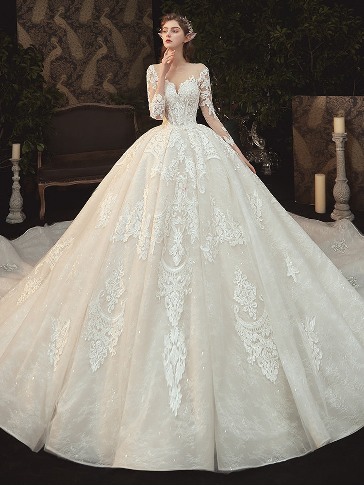 V-neck Long Sleeves Lace Wedding Dresses, Luxury Wedding Dresses, Newest Bridal Gown