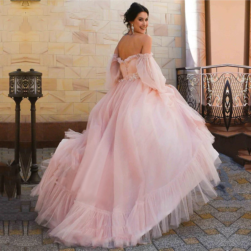 Off The Shoulder Tulle A Line Long Prom Dresses, 2021 Newest Prom Dresses, Quinceanera Dresses