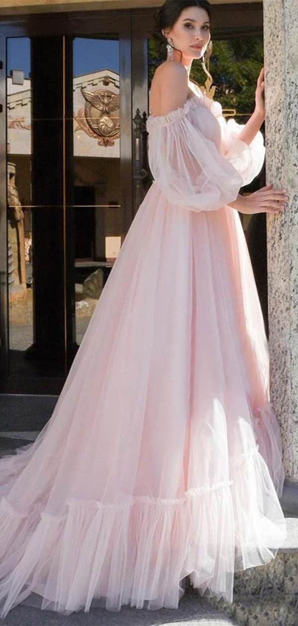 Off The Shoulder Tulle A Line Long Prom Dresses, 2021 Newest Prom Dresses, Quinceanera Dresses