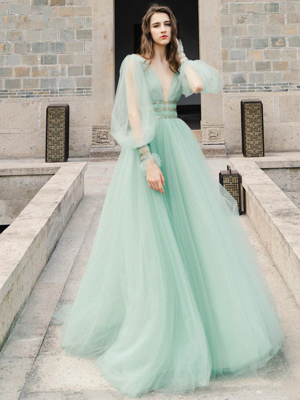 Long Sleeves A Line Popular Prom Dresses, Elegant Long Prom Dresses, 2021 Evening Party Dresses