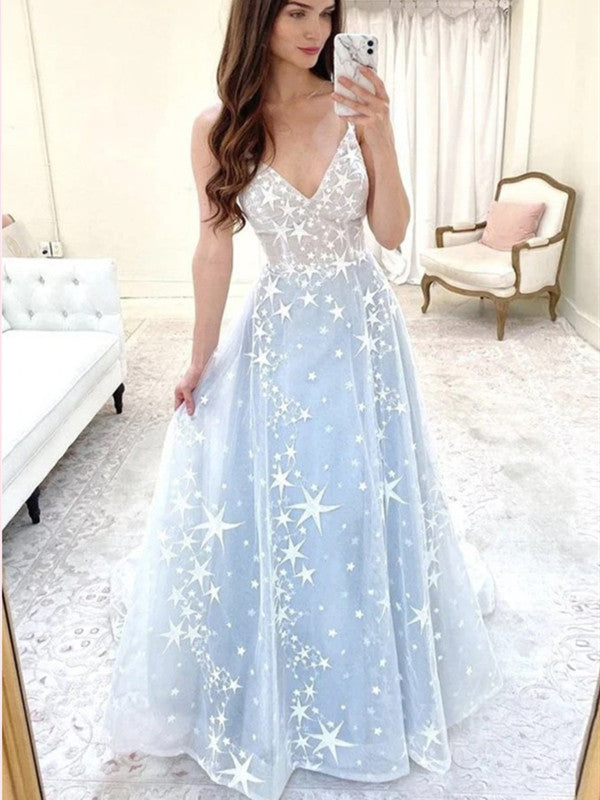 A-line Elegant Stars Long Prom Dresses, Girl School Graduation Party Dresses, 2021 Evening Dresses