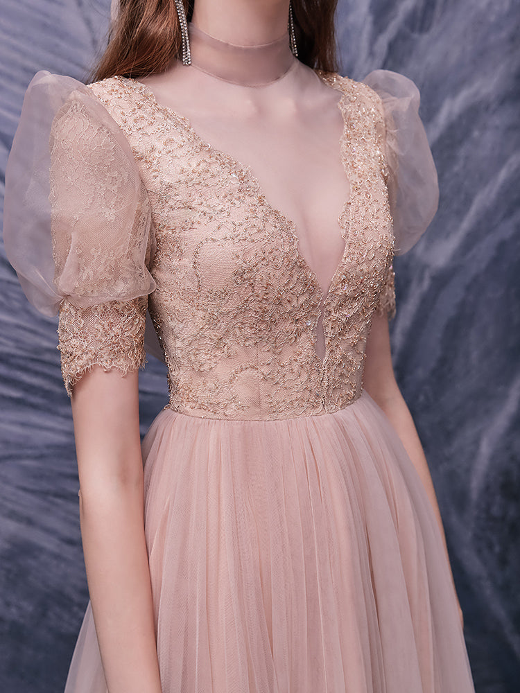 Nude Pink Lace Prom Dresses, Bubble Sleeved Prom Dresses, Popular 2021 Prom Dresses