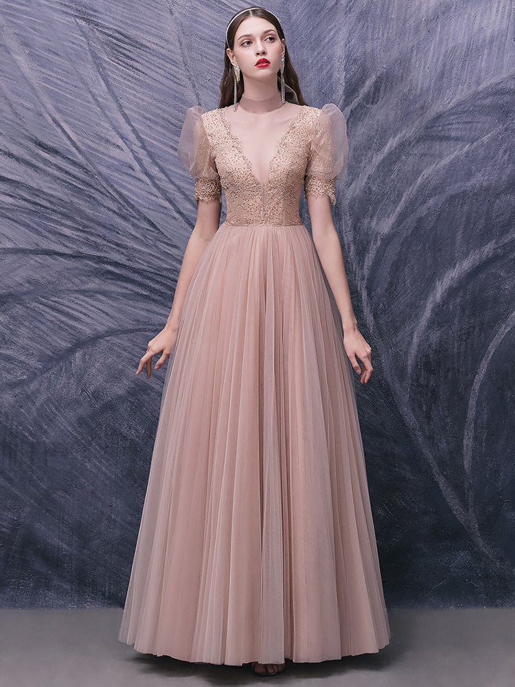 Nude Pink Lace Prom Dresses, Bubble Sleeved Prom Dresses, Popular 2021 Prom Dresses