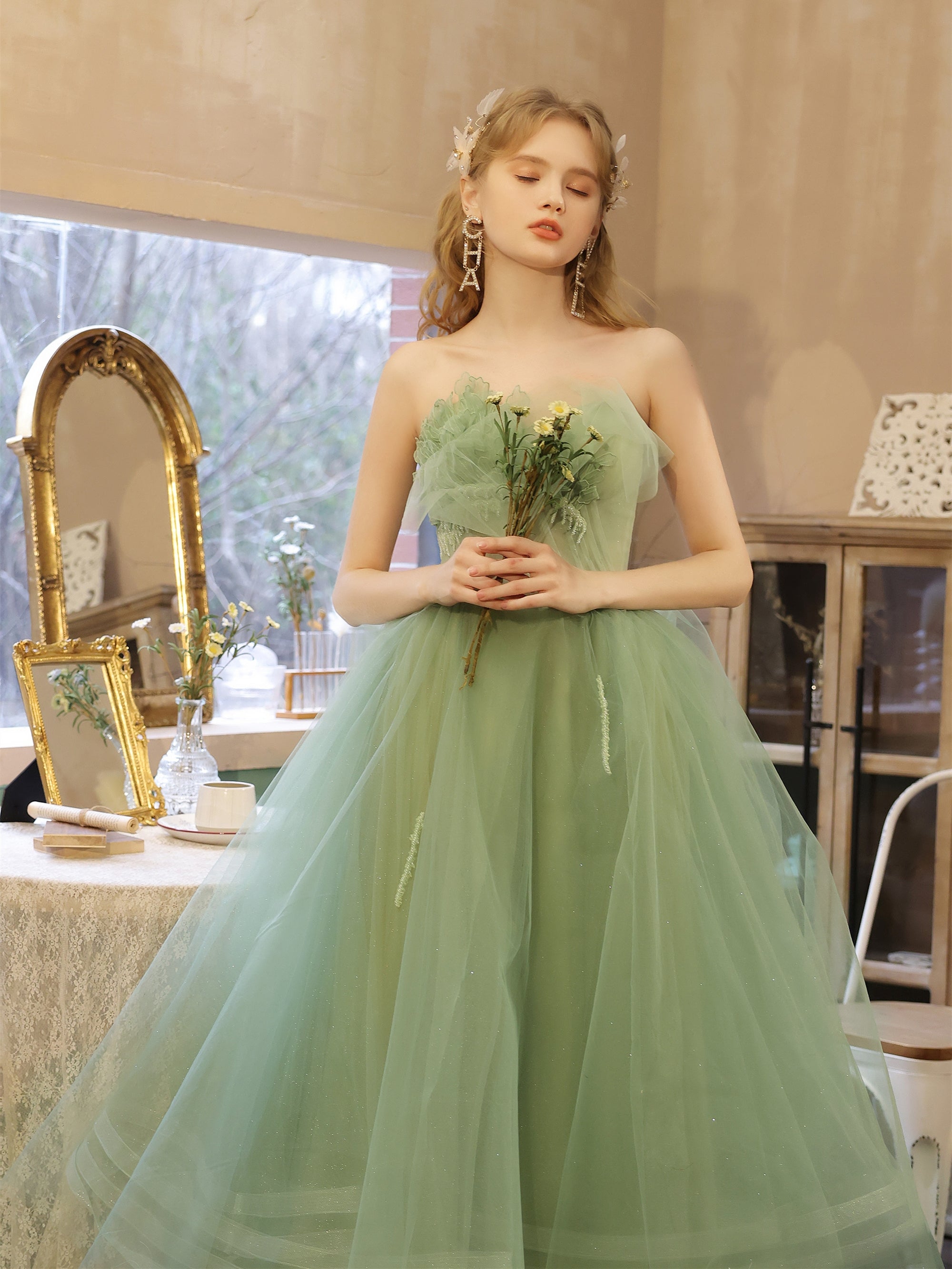 Sweetheart Long Green Tulle Prom Dresses, A-line Prom Dresses, Lovely Newest 2021 Prom Dresses