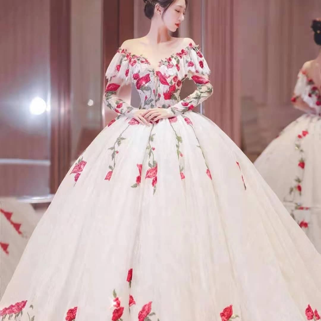 Off Shoulder Long Sleeves Rose Floral Wedding Dresses, Ball Gown, Long Wedding Dresses, Newest Wedding Dresses