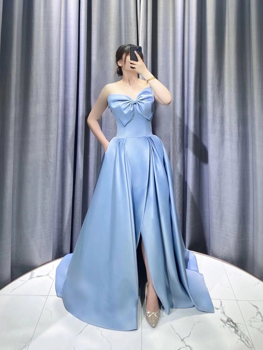 Strapless Blue Satin Prom Dresses, A-line Prom Dresses, 2021 Prom Dresses, Newest Prom Dresses