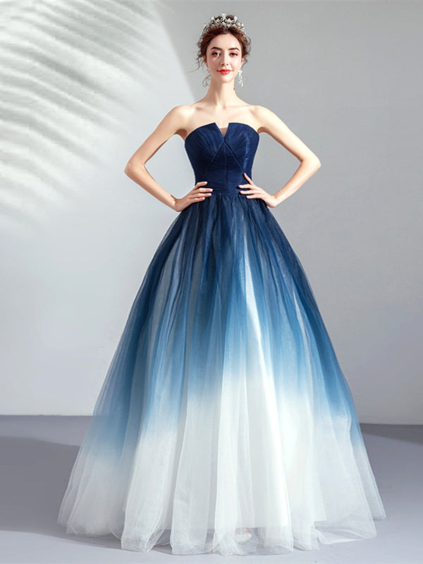 Strapless Gradiet Blue-White Prom Dresses, A-line Prom Dresses, Lovely Formal 2021 Prom Dresses