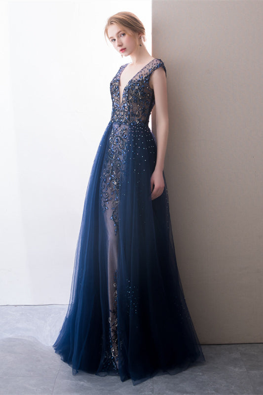 V-neck Navy Blue Beaded Tulle Prom Dresses, Gorgeous Prom Dresses, 2021 Prom Dresses