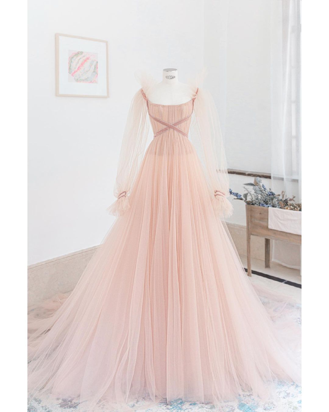 Elegant Long Sleeves 2021 Prom Dresses, A-line Tulle Long Prom Dresses, Popular Party Dresses