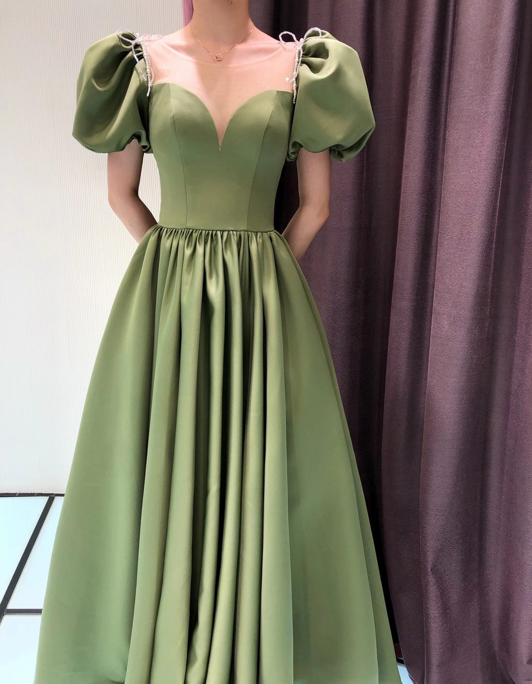 Gorgeous Bubble Sleeve Green Satin Long Prom Dresses, Formal Dresses, 2021 Prom Dresses