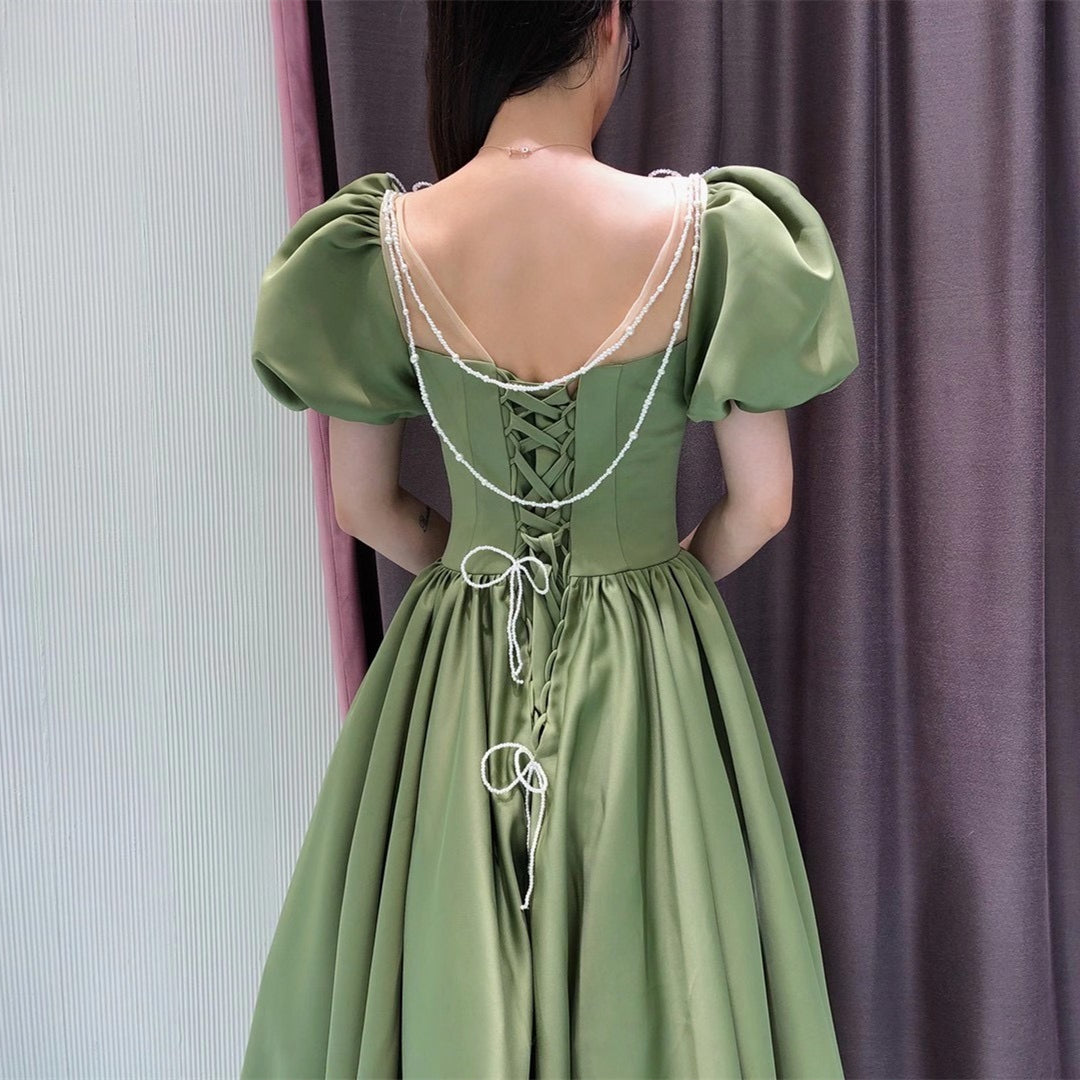 Gorgeous Bubble Sleeve Green Satin Long Prom Dresses, Formal Dresses, 2021 Prom Dresses